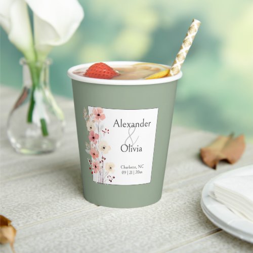 Modern Boho Floral Wedding  Sage Green Paper Cups