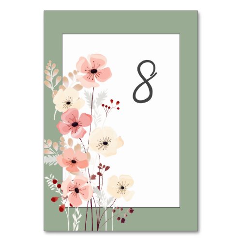 Modern Boho Floral Wedding  Sage Green Table Number