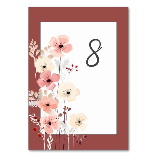 Modern Boho Floral Wedding  Terracotta Table Number