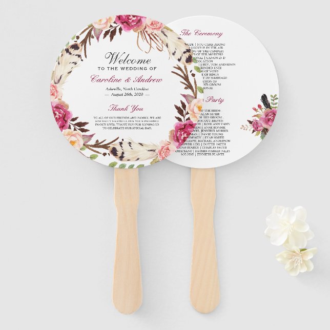 Modern Boho Floral Wreath Wedding Program Hand Fan (Front and Back)