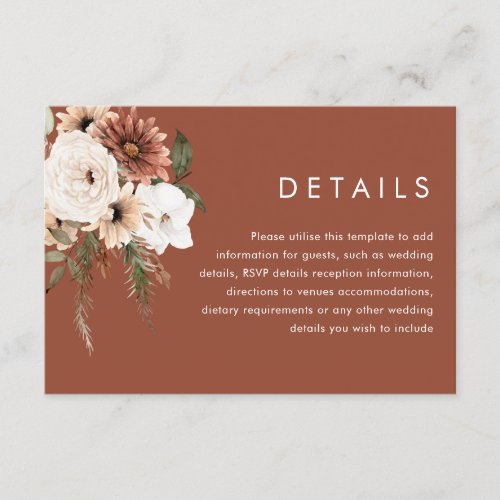 Modern Boho Flowers Terracotta Wedding Details Enclosure Card