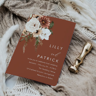 Modern Boho Flowers Terracotta Wedding Invitation