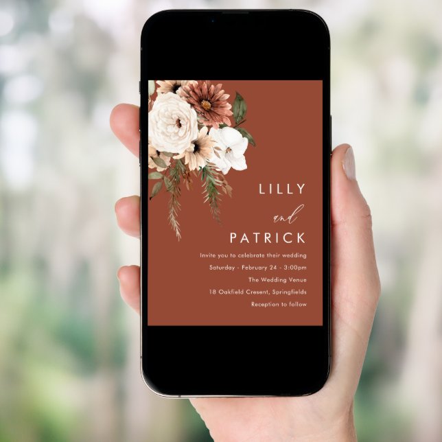 Modern Boho Flowers Terracotta Wedding Invitation (Front Digital)