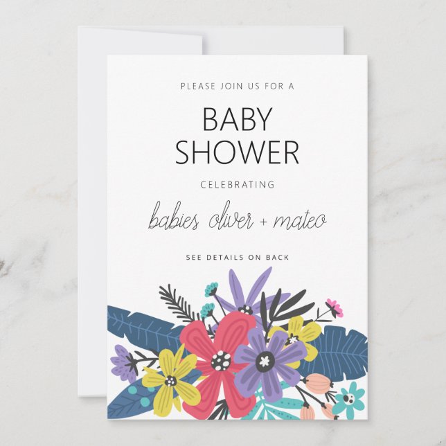 Modern Boho Flowers Twin Boy Baby Shower Invitation (Front)