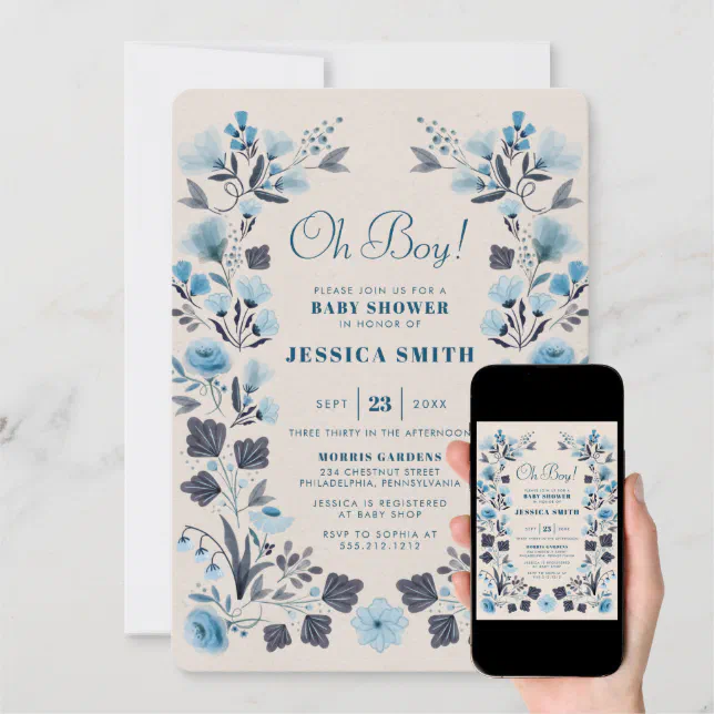 Modern Boho Folk Blue Boy Baby Shower Invitation | Zazzle