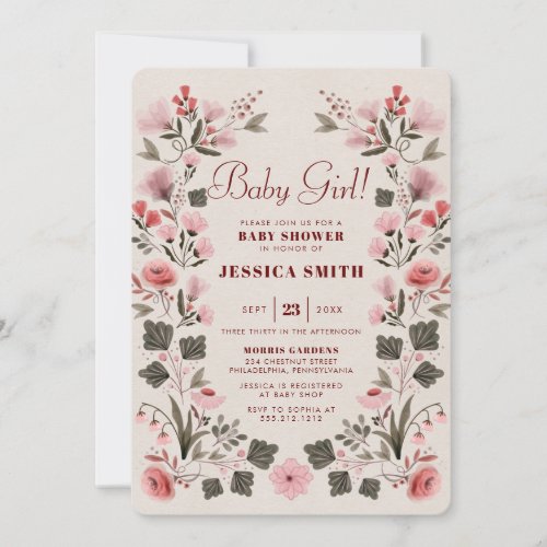 Modern Boho Folk Pink Baby Girl Baby Shower Invitation