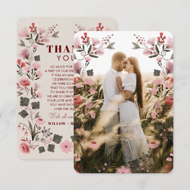Modern Boho Folk Wedding Thank You Card with Photo (Front/Back)
