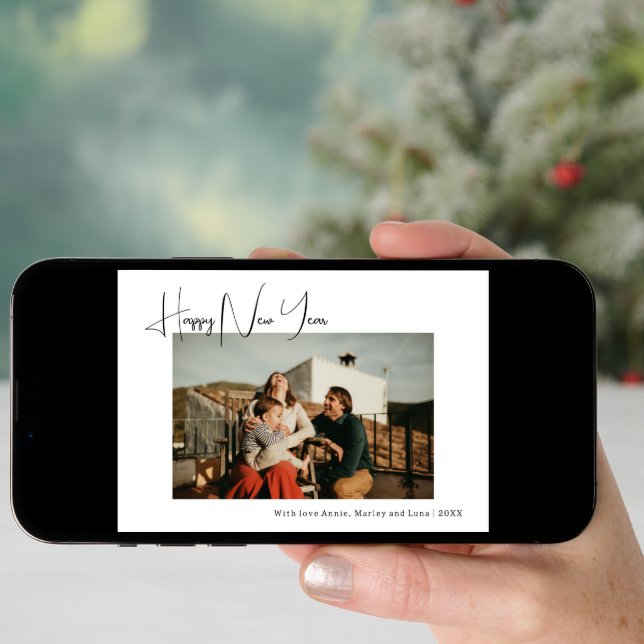 Modern Boho Four Photo Happy New Year Holiday Card (Front Digital)