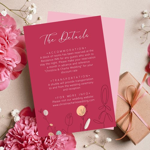 Modern Boho Fuchsia Pink Line Art Wedding Details Enclosure Card