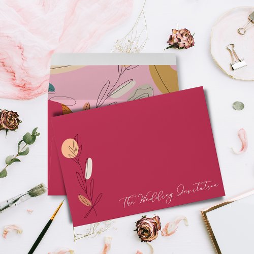 Modern Boho Fuchsia Pink Line Art Wedding Envelope