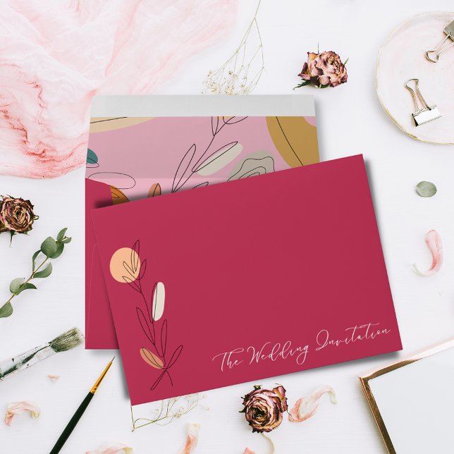 Modern Boho Fuchsia Pink Line Art Wedding Envelope (Creator Uploaded)
