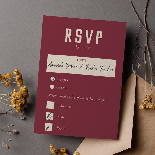 Modern Boho Geometric Arch Dark Red Wedding RSVP Card