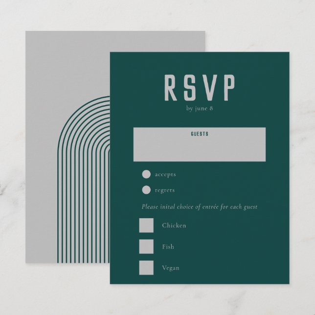 Modern Boho Geometric Arch Green Gray Wedding RSVP Card (Front/Back)