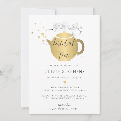 Modern Boho Gold Hearts Orchids Floral Bridal Tea Invitation