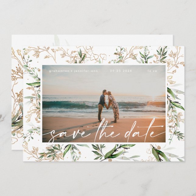 Modern Boho Golden Eucalyptus Greenery Save The Date (Front/Back)