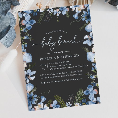 Modern Boho Gray Blue Floral Baby Brunch Shower Invitation