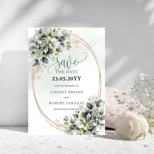 Modern Boho Green and White Save The Date Card