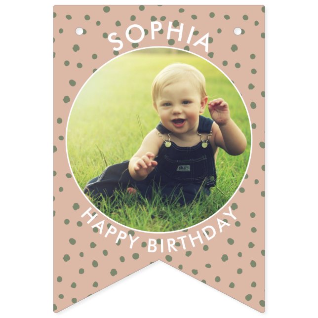 Modern Boho green Custom birthday photo bunting Bunting Flags (Twelfth Flag)