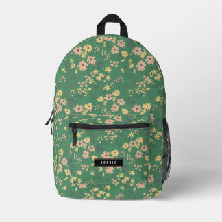 Modern Boho Green Floral Custom Name Printed Backpack