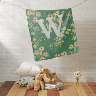 Modern Boho Green Floral Monogram Initial Baby Blanket