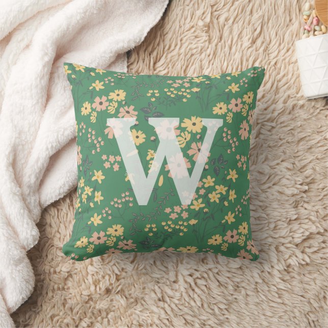 Modern Boho Green Floral Monogram Initial Throw Pillow (Blanket)