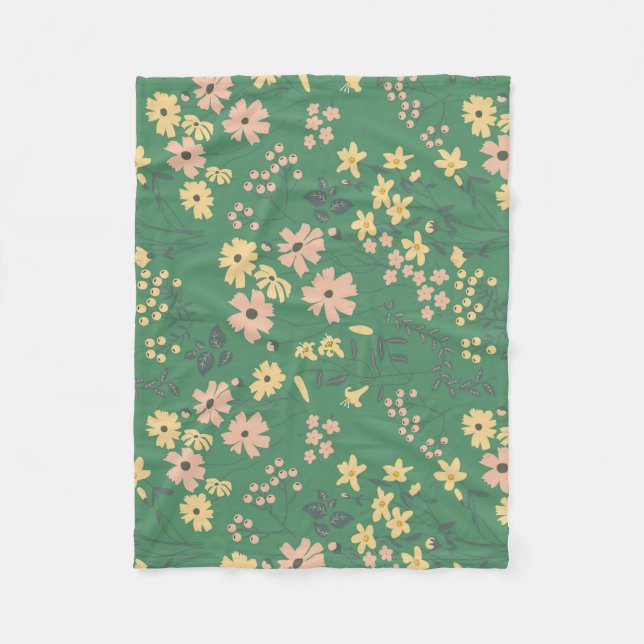 Modern Boho Green Floral Pattern Fleece Blanket (Front)