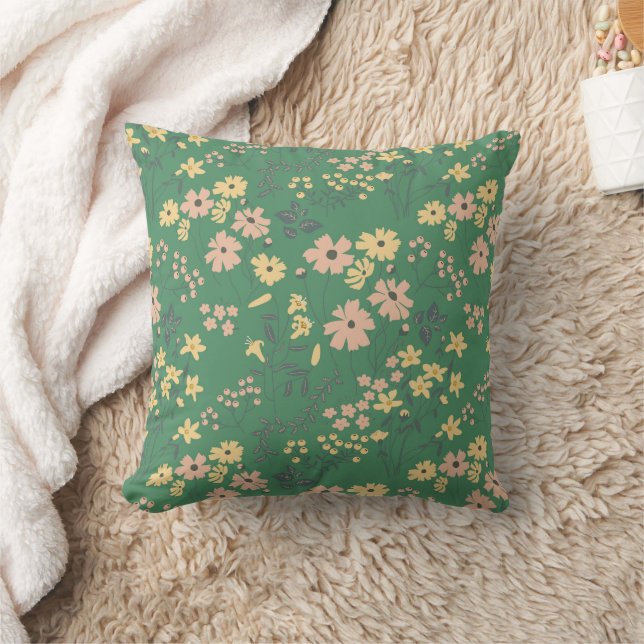 Modern Boho Green Floral Pattern Throw Pillow (Blanket)