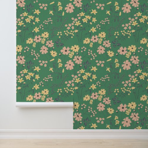 Modern Boho Green Floral Pattern Wallpaper