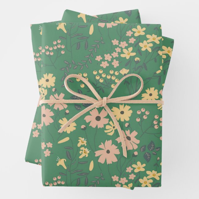 Modern Boho Green Floral Pattern Wrapping Paper Sheets (In situ)