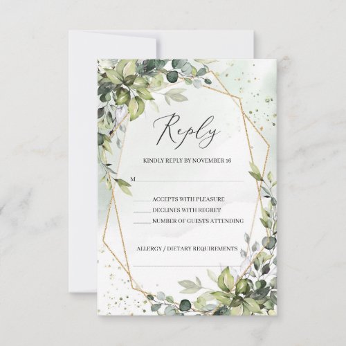 Modern Boho green foliage gold geometric wedding RSVP Card