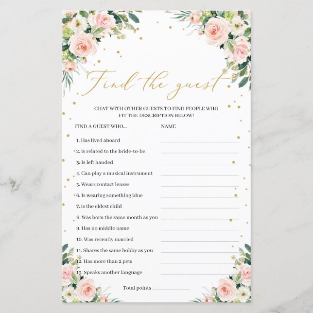 Modern boho greenery blush find the guest game (Front)