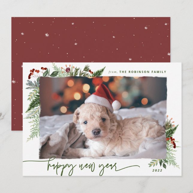 Modern Boho Greenery Burgundy New Year Photo Holiday Card (Front/Back)