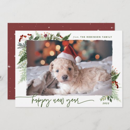 Modern Boho Greenery Burgundy New Year Photo Holiday Card