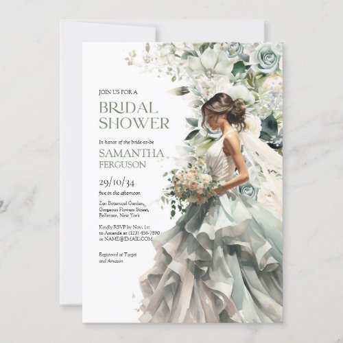 Modern boho greenery eucalyptus bride with veil invitation