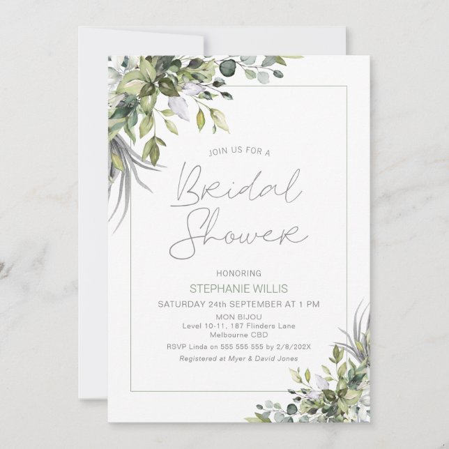 Modern Boho Greenery Foliage Bridal Shower Invitation (Front)