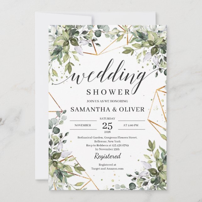 Modern boho greenery foliage eucalyptus wedding invitation (Front)