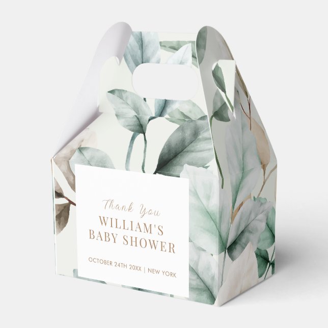Modern Boho Greenery Leaves Baby Shower  Favor Boxes (Front Side)
