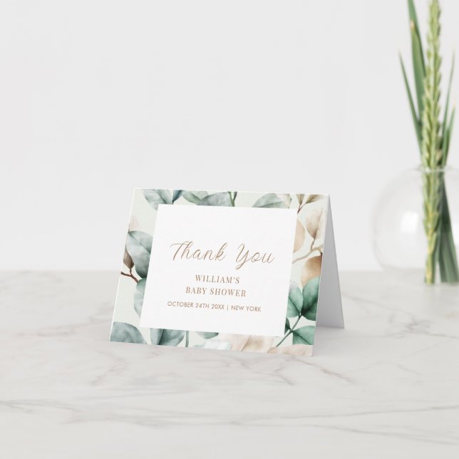 Modern Boho Greenery Leaves Baby Shower  Thank You Card (Front)