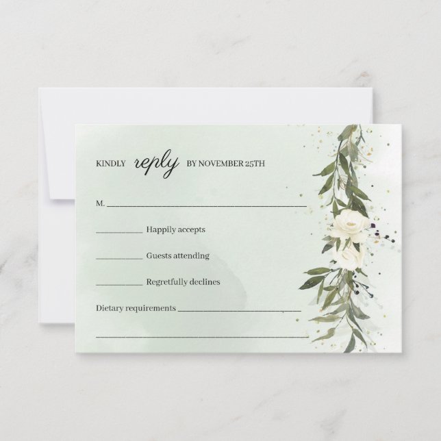 Modern Boho Greenery Olive Wreath White Roses RSVP Card (Front)