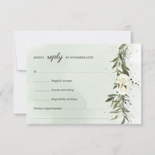Modern Boho Greenery Olive Wreath White Roses RSVP Card