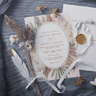 modern boho greenery pampas grass qr code wedding invitation