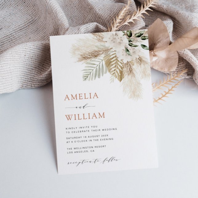 modern boho greenery pampas grass QR code wedding Invitation (Creator Uploaded)