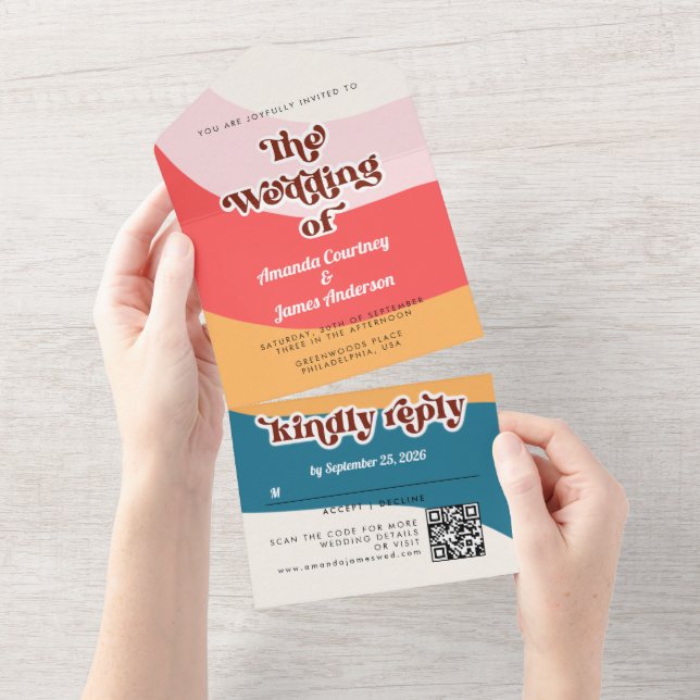 Modern Boho Groovy Retro 70s Wedding  All In One Invitation (Tearaway)