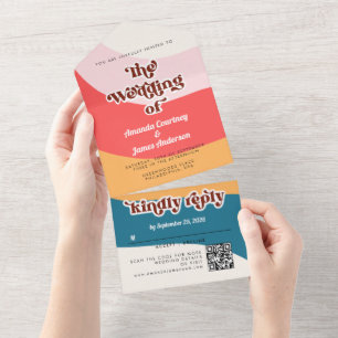 Modern Boho Groovy Retro 70s Wedding All In One Invitation