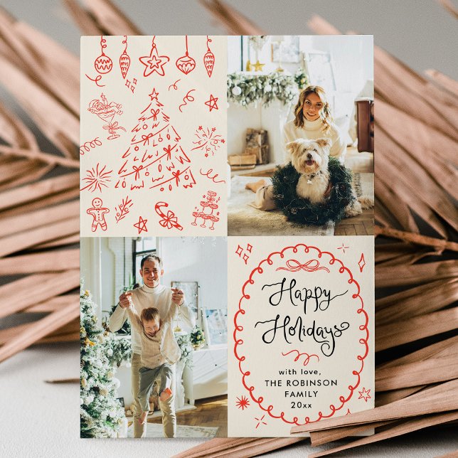 Modern Boho Hand Drawn Happy Holidays 2 Photo Holiday Card (Creator Uploaded)