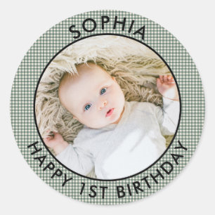 Modern Boho Happy 1st Birthday Photo Cute Classic Round Sticker