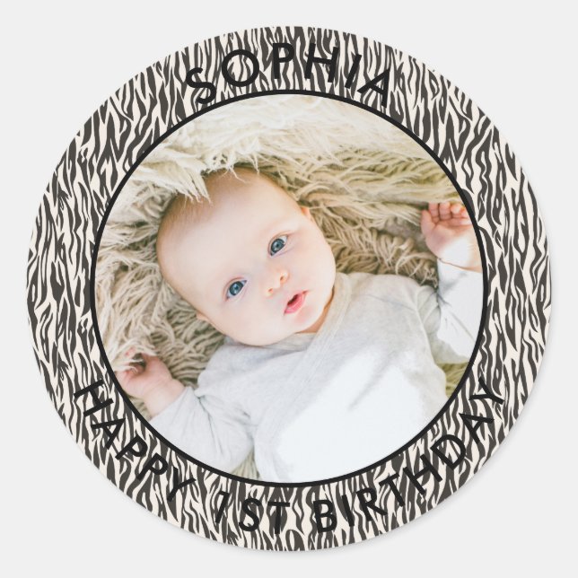 Modern Boho Happy 1st Birthday Photo Safari Classic Round Sticker (Front)