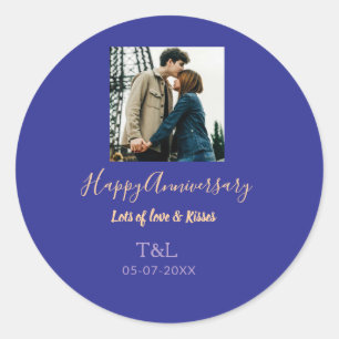Modern boho happy anniversary add name blue orange classic round sticker