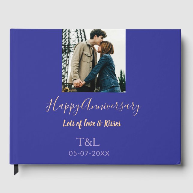Modern boho happy anniversary add name blue orange guest book (Front)