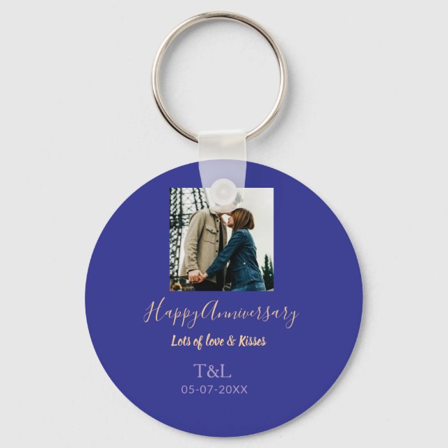 Modern boho happy anniversary add name blue orange keychain (Front)
